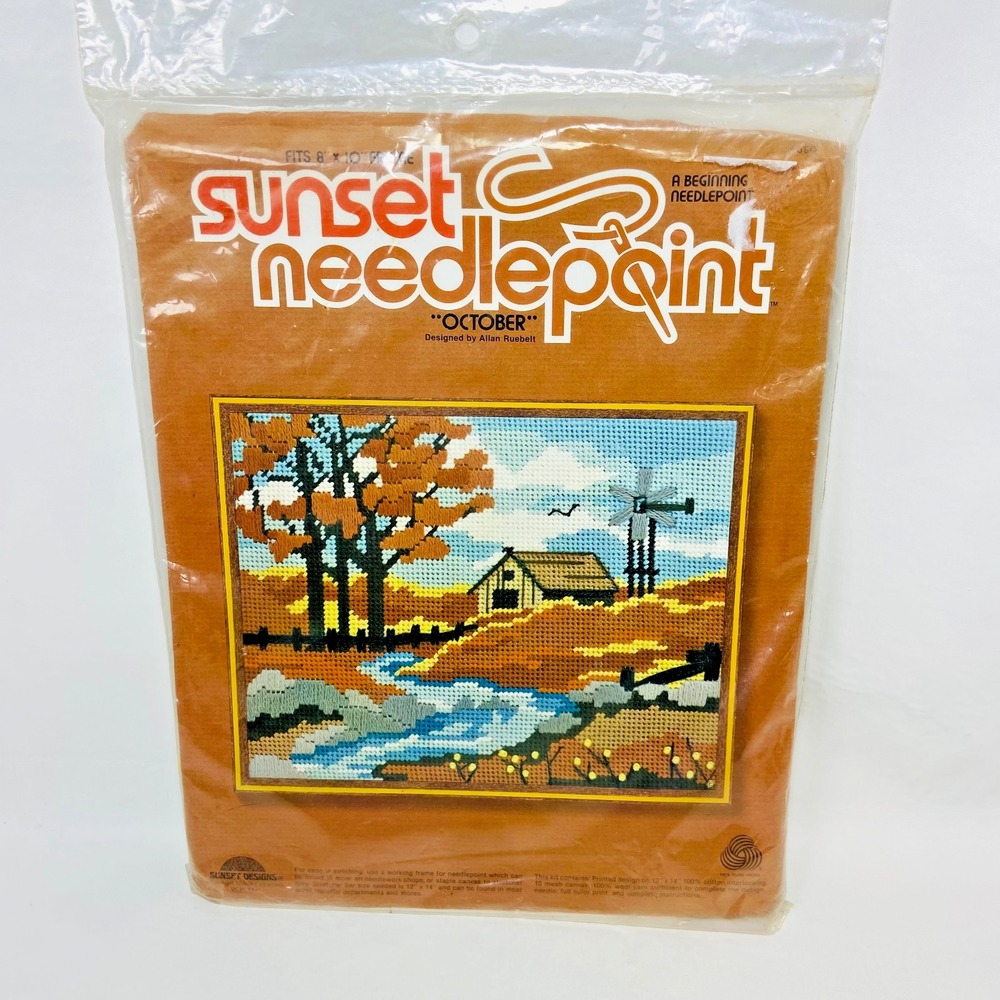 VTG 1980s Sunset Needlepoint "October" Kit‎ Allan Ruebelt Fit 8"x10" Frame Wool